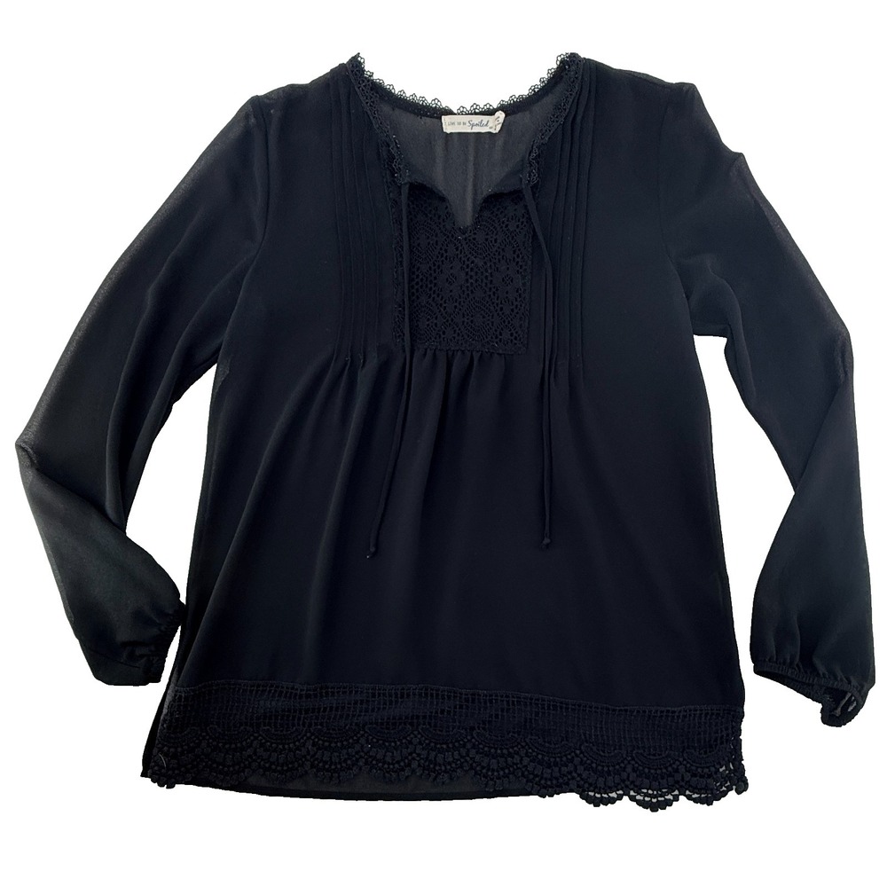 Live To Be Spoiled Womens M Black Boho‎ Blouse Lace Trim Sheer Top